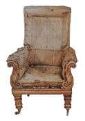 A William IV mahogany framed armchair, circa 1835, the shaped rectangular back above downswept arms