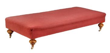 A large Victorian style upholstered centre foot stool, mid 20th century, on bulbous turned legs