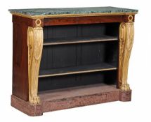 A rosewood, giltwood and marble mounted dwarf open bookcase, circa 1815 and later, with carved