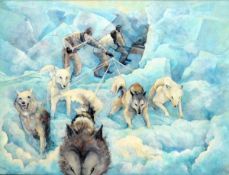 J. Mills (20th century) Arctic explorers. Oil on board Signed lower right 90 x 120cm (351/2 x 471/