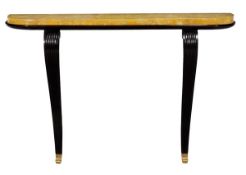 A pair of ebonised hardwood console tables, 20th century, with crystaline effect yellow resin tops