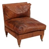 A leather upholstered chair, 20th century, with attatched seat and back and no arms above square