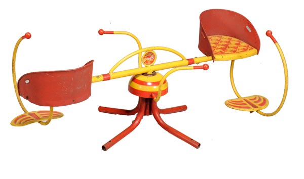 A red and yellow painted metal twin seat `Merry Go Round`, circa 1960, with maker`s label for `
