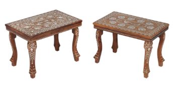A matched pair of Indian hardwood side tables, late 20th century, with inlaid bone tops one