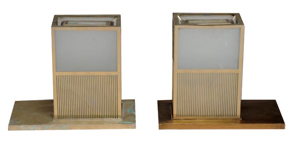 A pair of nickel plated brass and opaque glass fitted table or pier lanterns in Art Deco style,