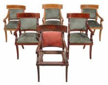 A pair of oak and pollard oak elbow chairs, in Empire style, 20th century, the upholstered