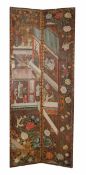 A polychrome painted two fold screen in 18th century Chinese style, 19th century, with painted
