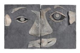 Dan Martin: A triptych sculpture of a male mask, created from beaten lead on board signed, dated,