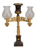 An American gilt and patinated bronze Colza lamp, circa 1830, with large urn surrmount, each burner