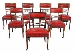 A set of seven Regency style brass inlaid mahogany dining chairs, late 19th century, with
