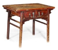 A Chinese elm and lacquer side table, late 19th/early 20th century, the rectangular top above a