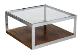 Merrow Associates, a rosewood, chromium plated steel and clear glass coffee table, circa 1970, on