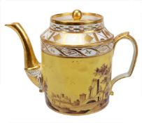 A Paris porcelain yellow-ground cylindrical coffee pot and cover, circa 1820, painted in sepia