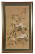 A Chinese painting of blooming peonies with a lengthy calligraphic inscription, framed and glazed,