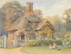 Ernest Albert Chadwick (1876-1955) Children in a cottage garden, Watercolour Signed lower left 19 x