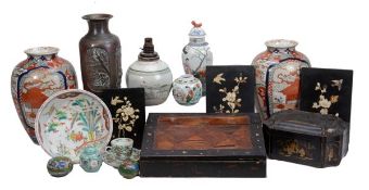 A large collection of Asian objects including two Japanese Imari vases of baluster shape decorated