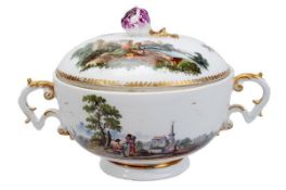 A Meissen ecuelle and an associated cover, mid 18th century, painted with figures in a landscape,