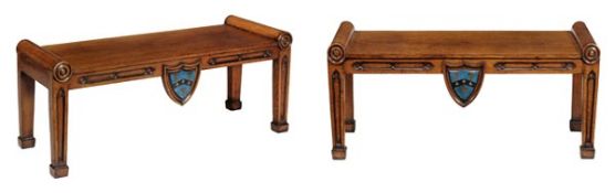 A pair of hall benches in George II style, late 19th early 20th century, each with bullseye moulded