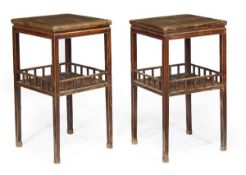 A pair of Chinese elm and lacquered two tier occasional tables, 19th century, square tops, moulded