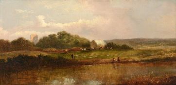 Follower of Sir Alfred Vickers. Pastoral landscape with figures beside a river, Parish church