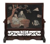 A Chinese wooden freestanding screen decorated with inlaid hardstone designs of children and sages