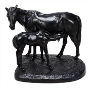 A Russian cast iron group of a mare with foal at foot, dated 1972, the naturalistically cast base