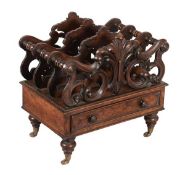 A William IV burr walnut canterbury, circa 1835, the top with three sections each separated by