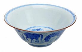 A Chinese blue and white bowl with flaring rim decorated with The Eight Horses of Muwang, the base