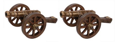 A pair of walnut and brass mounted models of field cannon, 20th century, with knopped barrels, each