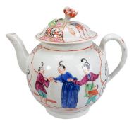 A Worcester polychrome chinoiserie teapot and cover, circa 1770, painted with Chinese figures, the