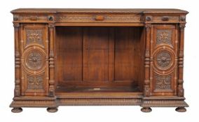 An Italian walnut and bone inlaid bookcase, second half 19th century, of inverted breakfront form