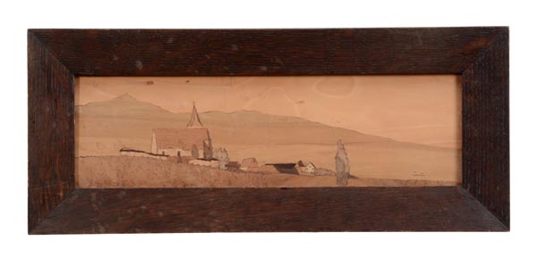 Charles Spindler (Alsatian,1865-1938), a sample wood marquetry landscape picture, circa 1900, - Image 2 of 2