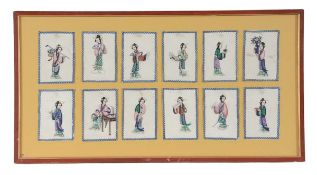 Seventeen Chinese rice paper paintings depicting court figures, some amid interior settings, 11, 15