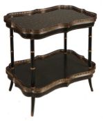 A Continental ebonised and metal mounted two tier etagere, late 19th/ early 20th century, each
