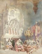 Alfred Charles Conrade (1863-1955) Church interior with figures in 17th century dress. Watercolour