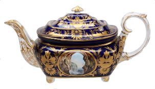 A Derby rectangular silver-shaped blue and gilt ground teapot and cover, circa 1815, each side