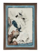Three Chinese reverse painted pictures painted with designs if birds and rocks, framed and glazed,