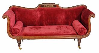 A simulated rosewood sofa, circa 1815 later, the yoke shaped back with central brass marquetry
