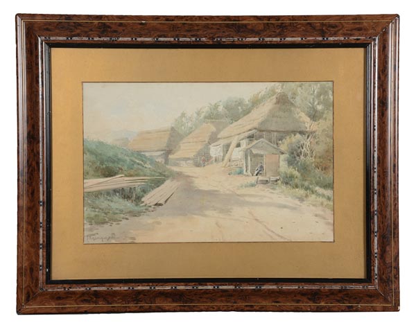 A Japanese Watercolour Painting of a dusty country path leading past a group of thatched rural