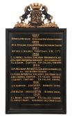 An ebonised, gilt, and painted wood honours board, late 19th/early 20th century, surmounted by