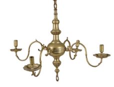 A Dutch brass four light chandelier in early 18th century style, 19th century, the sockets and