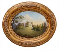 A Berlin (KPM) oval plaque painted with a schloss in a parkland setting, late 19th century, impress