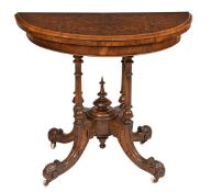 A Victorian walnut and burr walnut folding card table, second half 19th century, the demi-lune top