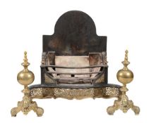 A cast iron and brass mounted firegrate in 18th century style, early 20th century, the arched
