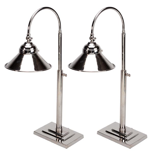 A pair of nickel plated metal adjustable desk lamps, of recent manufacture, each with a conical