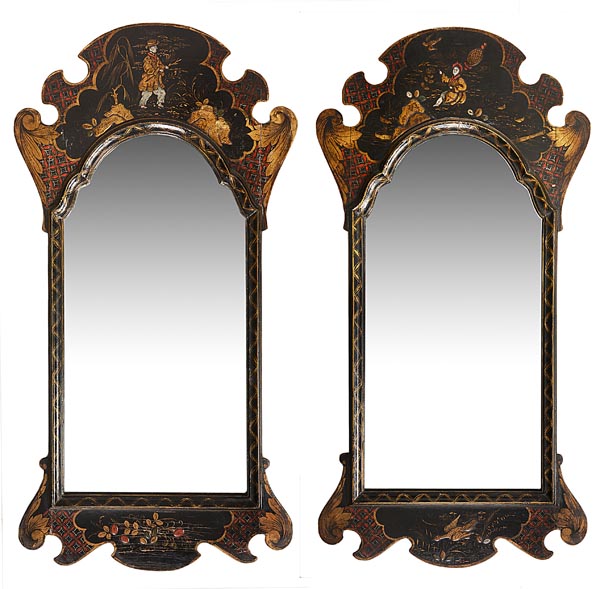 A pair of japanned lacquer fretwork wall mirrors in George II style, 20th century, each with