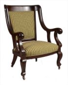 A hardwood and upholstered armchair, in mid 19th century style, of recent manufacture, the fabric