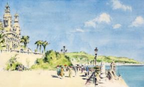 Frederick Arthur Farrell (1882-1935) Promenade, Monte Carlo, watercolour, pen and black ink, over