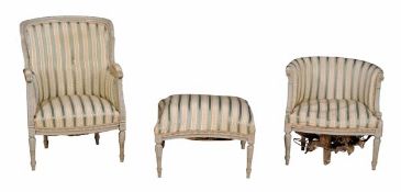 A grey painted and upholstered armchair in Louis XVI style together with a matching stool and