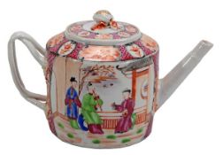 A Mandarin palette tea pot of cylindrical form with canted shoulder, straight spout and twin ribbed
